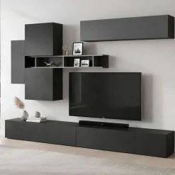Parete salotto in legno e metallo 276cm ardesia e grigia scuro - Nate