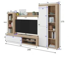 Parete salotto moderna 262cm bianca lucida e rovere - Tony