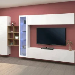 Parete salotto moderna 280cm bianca lucida e acero - Alessano