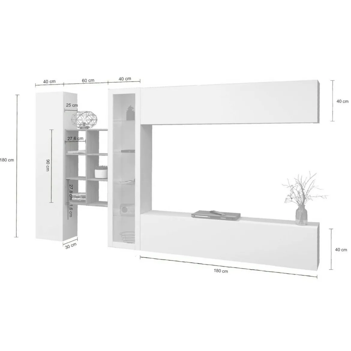 Parete salotto moderna 280cm bianca lucida e acero - Alessano