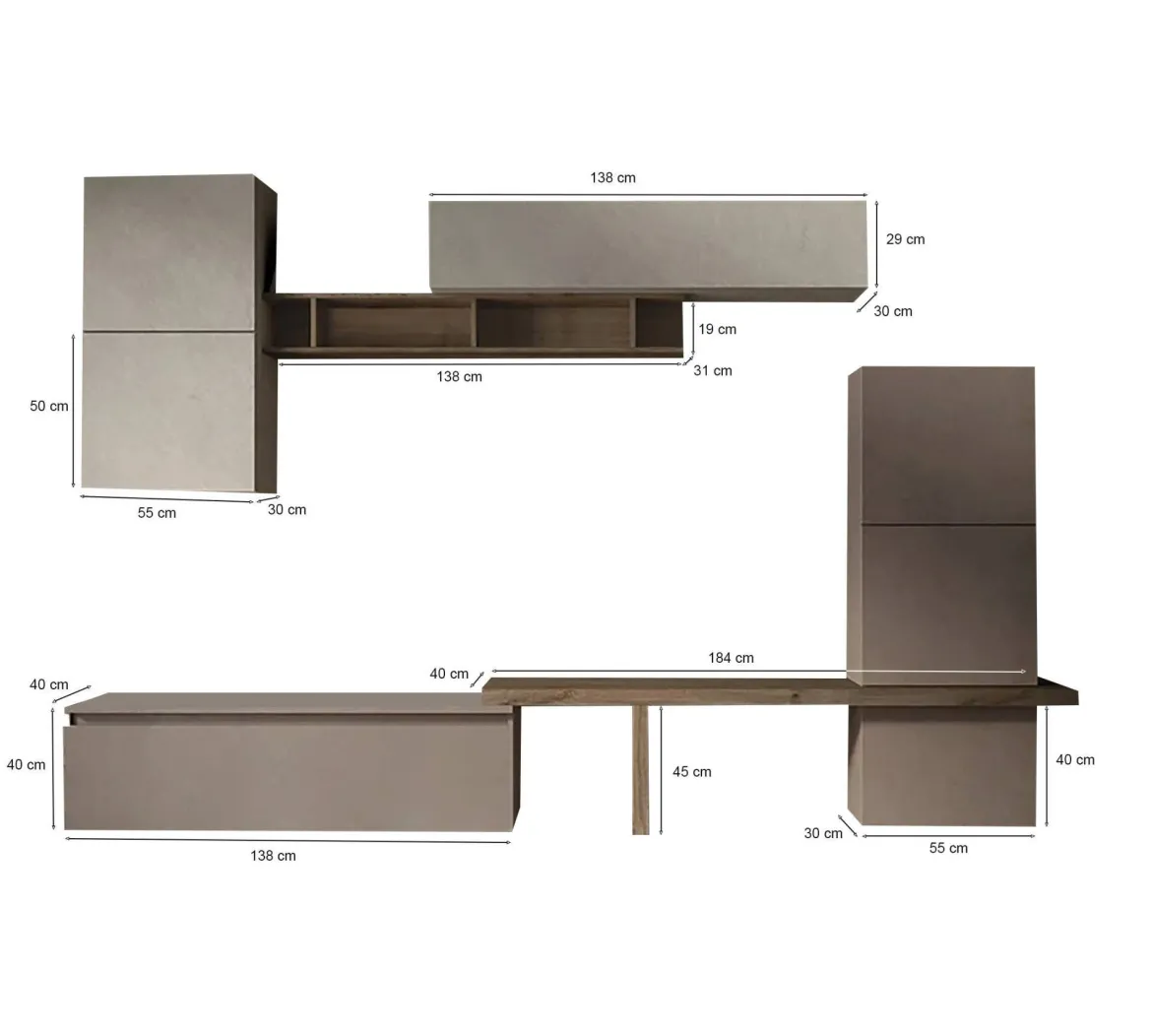 Parete salotto moderna 290cm bronzo e grigia - Tammy