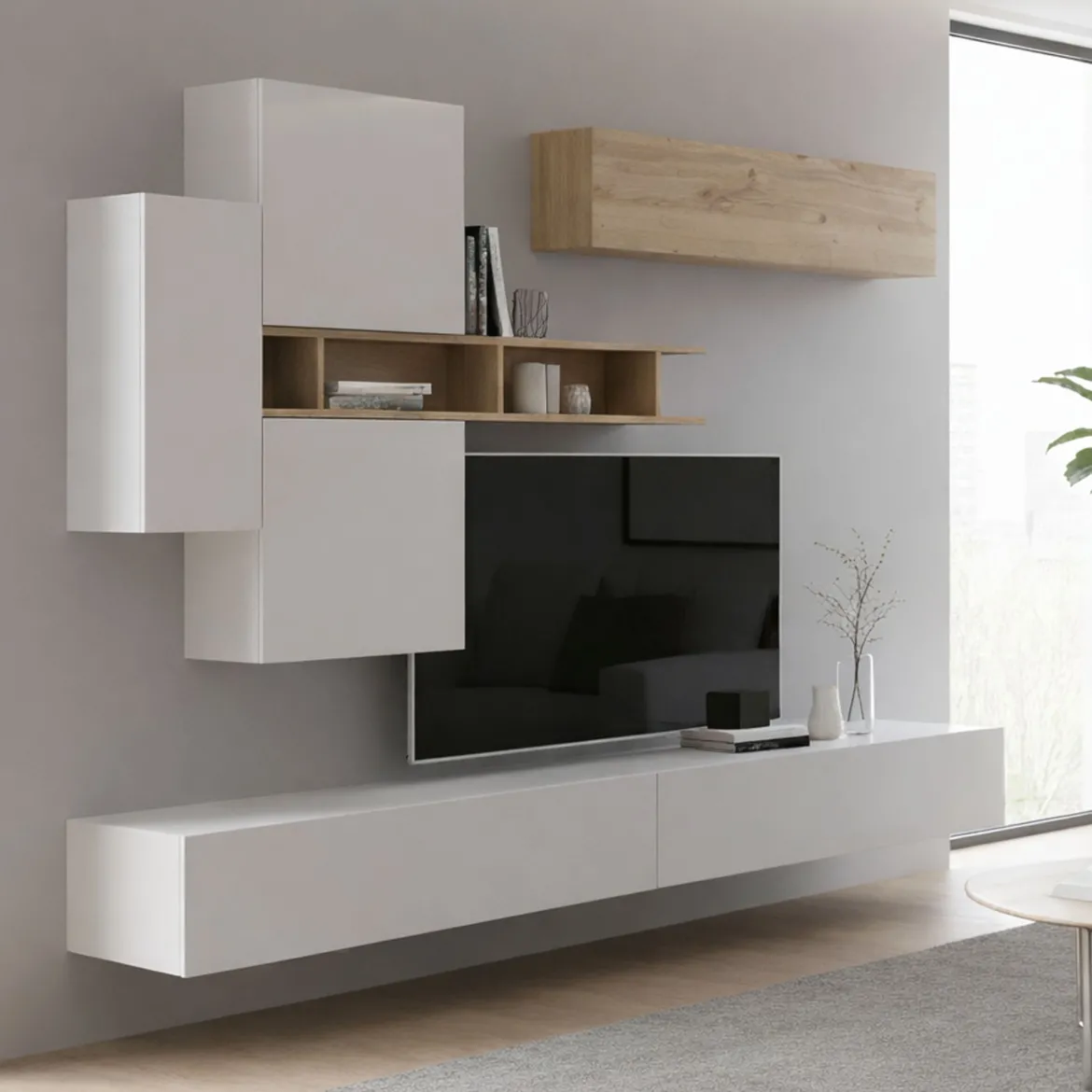 Parete salotto modulabile 276cm bianca lucida e rovere - Nate