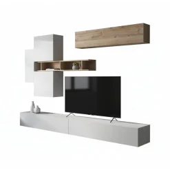 Parete salotto modulabile 276cm bianca lucida e rovere - Nate