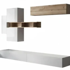 Parete salotto modulabile 276cm bianca lucida e rovere - Nate