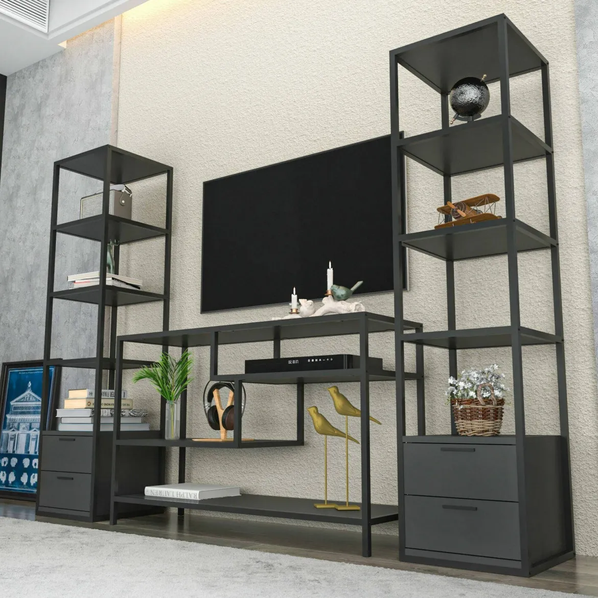 Parete salotto multifunzione 198cm nera e antracite - Felion