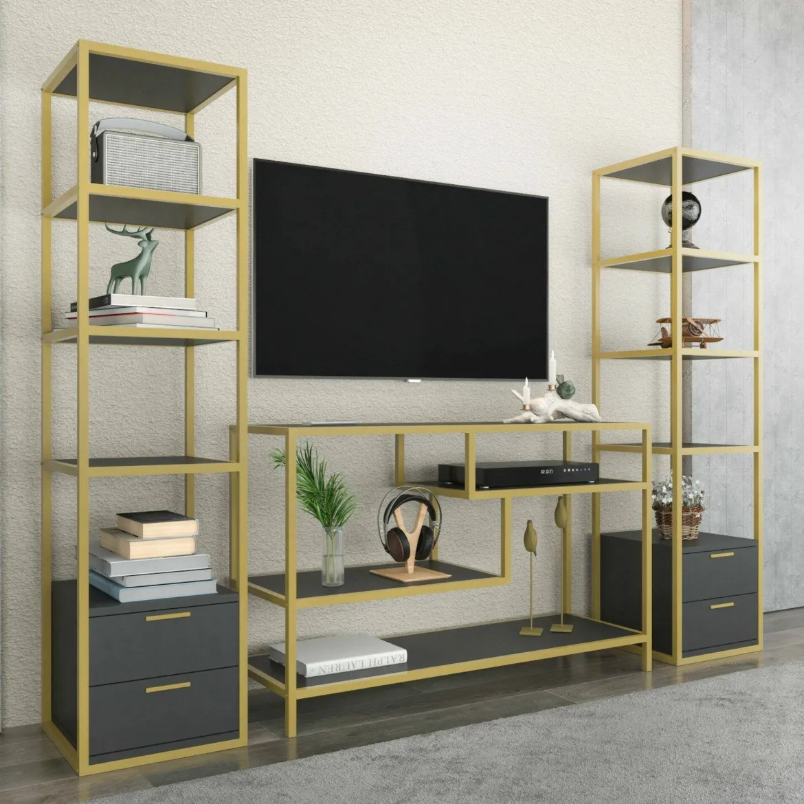 Parete salotto multifunzione 200cm bianca e rovere - Ailano