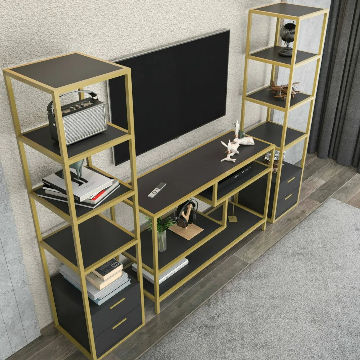 Parete salotto multifunzione 200cm bianca e rovere - Ailano