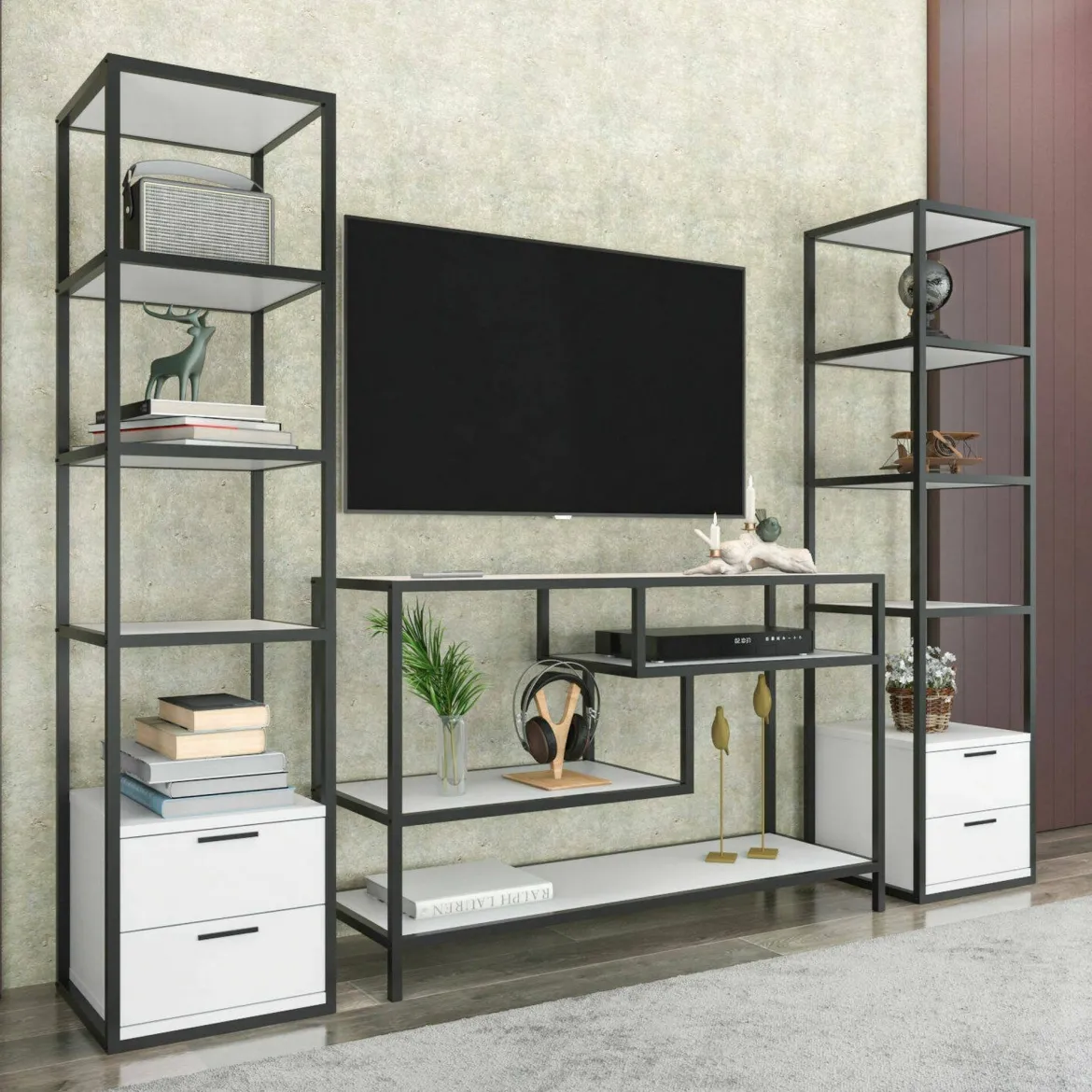 Parete salotto 12 ripiani 198cm bianca e nera - Felion
