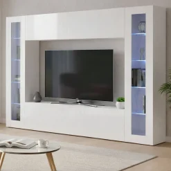 Parete soggiorno in vetro e legno 260cm bianca lucida - Amel