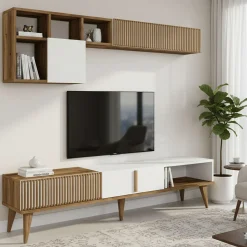 Parete soggiorno moderna 180cm noce e bianca - Ostro