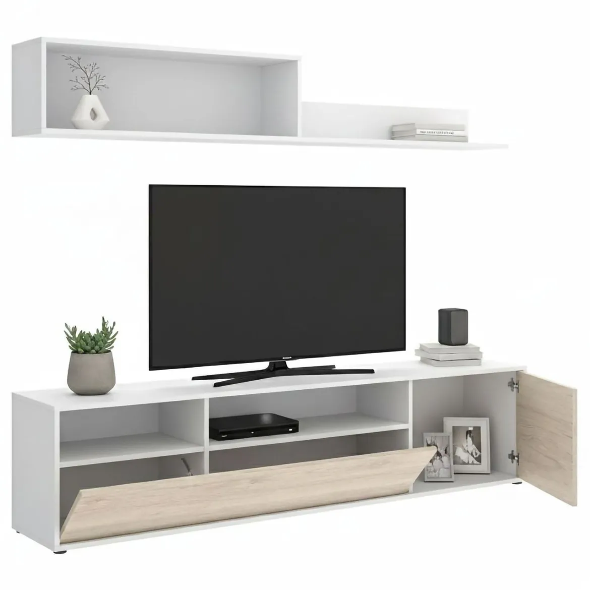 Parete soggiorno multifunzione 180cm bianca e rovere - Jelawat