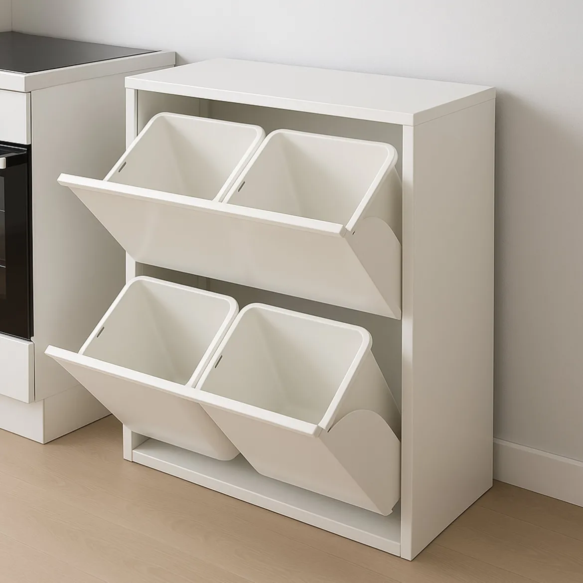 Pattumiera Bianco Capacità 72 (18 per Secchio) Fissaggio a Muro Opzionale 60x25x93h cm, 4 Cestini - Anukhatun