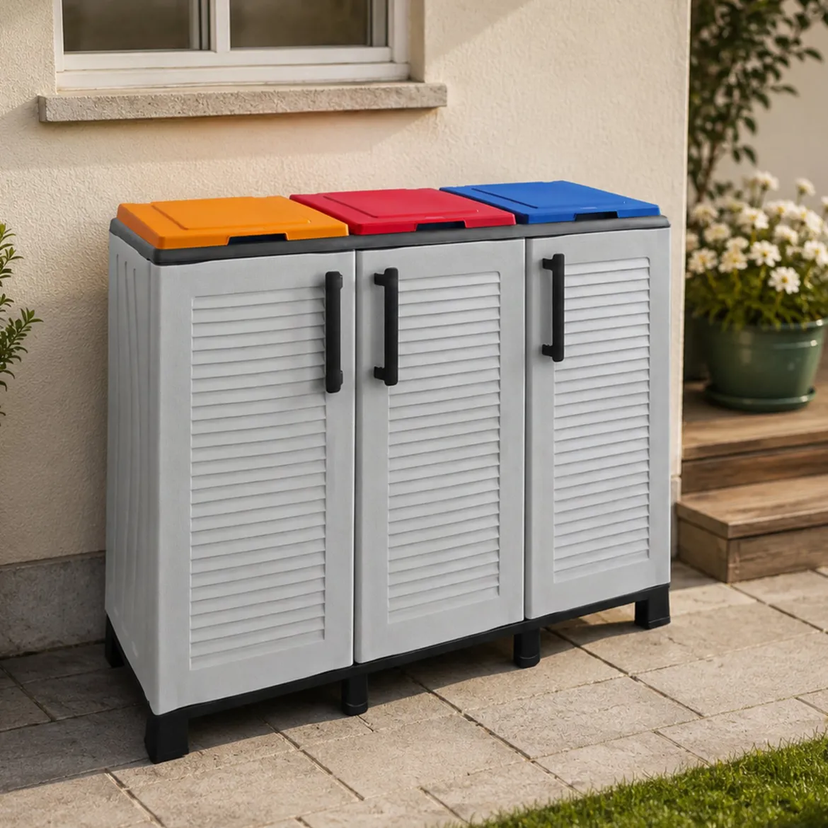 Pattumiera Grigio Chiaro Multicolore Capacità 330 (110 per Sacco) 3 Cestini 102x37x90h cm, Colore Struttura Multicolore Made in Italy - Apix