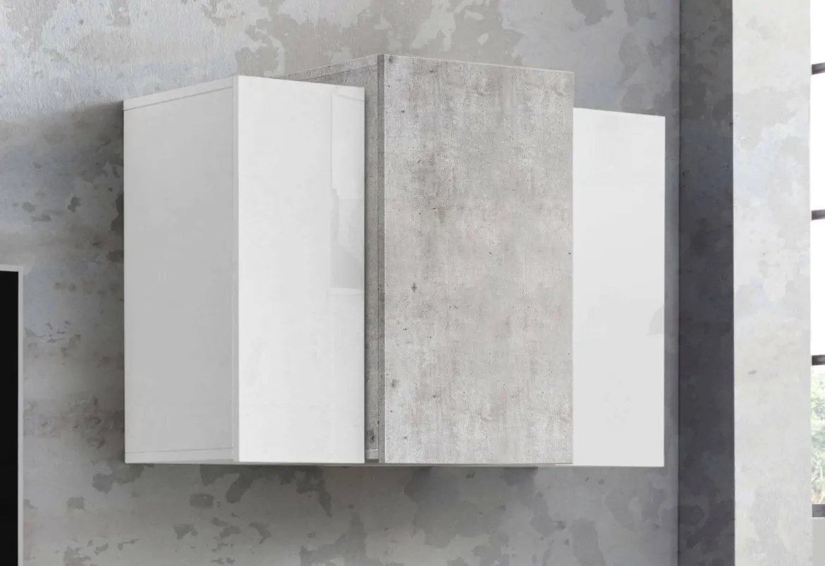 Pensile bagno 3 ante 90x66h cm bianco lucido e cemento - Andras