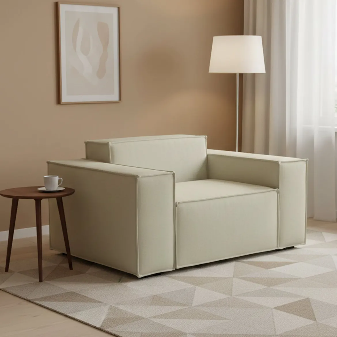 Poltrona in legno massello e tessuto con braccioli beige - Leonia