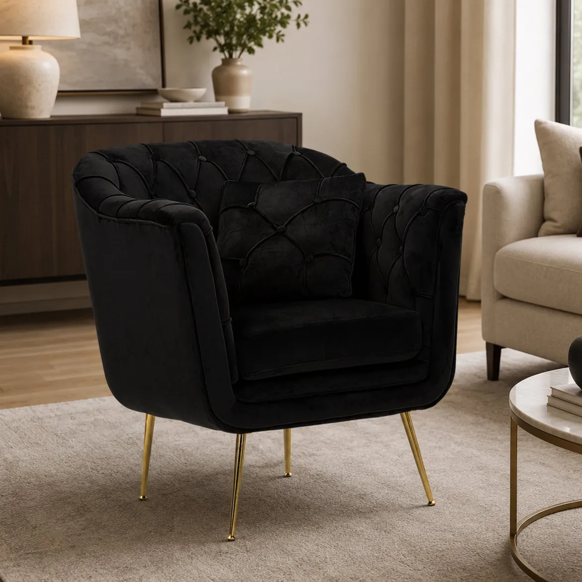 Poltrona Nero oro con Cuscino Braccioli 88x83x91h cm, Colore Struttura oro - Turtuk