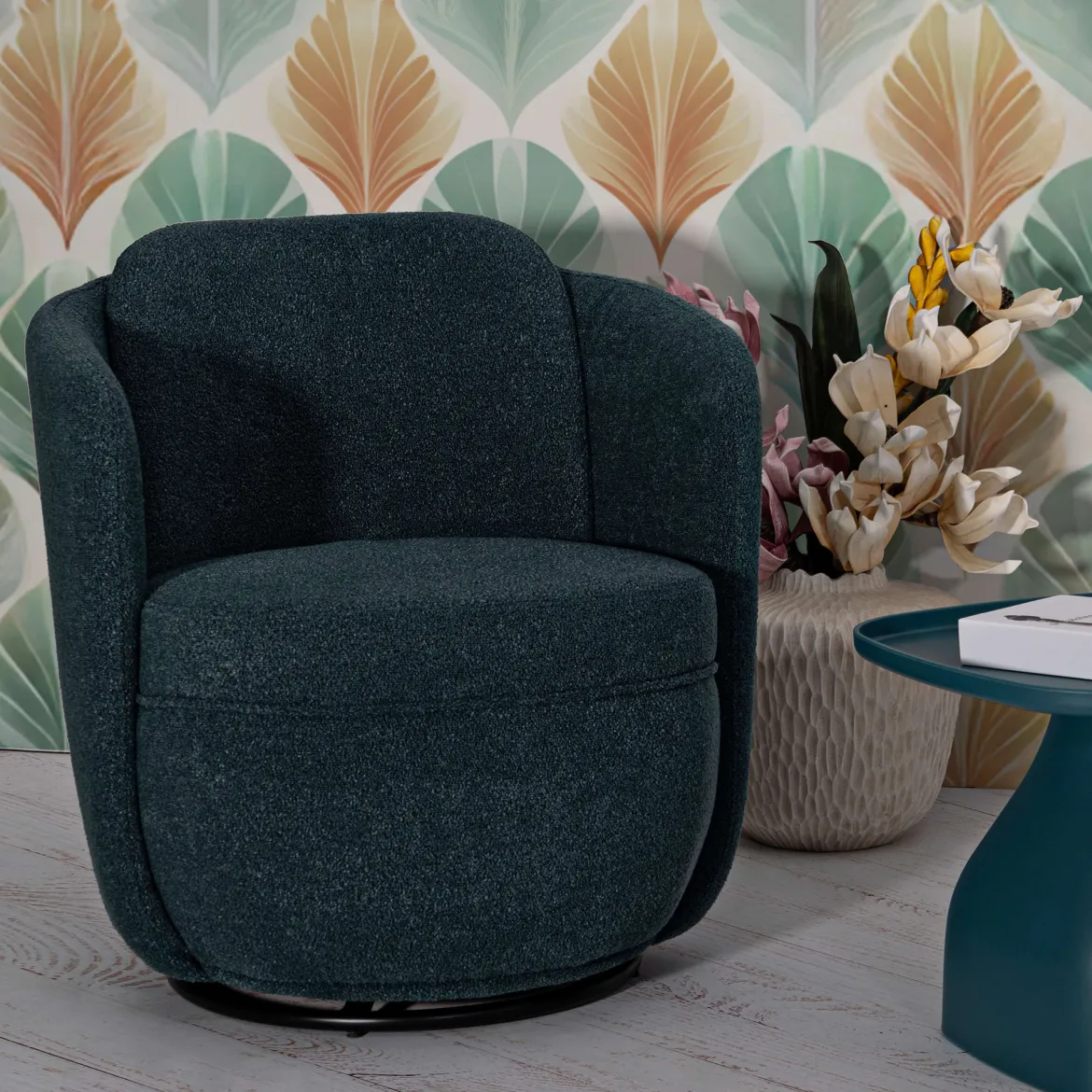 Poltrona Verde Ottanio Nero Base Girevole Braccioli 70x72x75h cm, Materiale Struttura in Legno Nobilitato - Morond