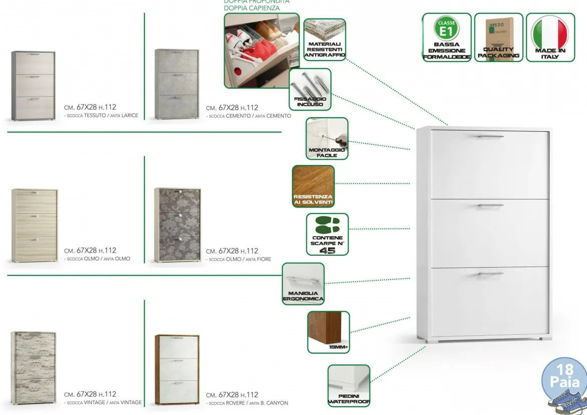 Porta scarpe 3 ante bianca e rovere 67x112h cm - Axinite