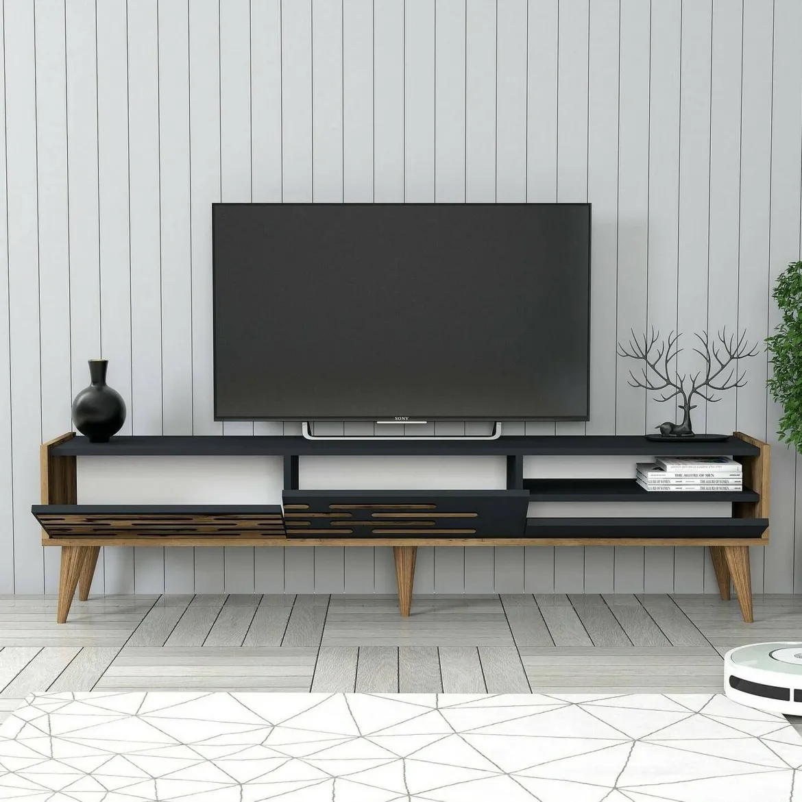 Porta TV antracite e noce 180x45x35h cm 3 ante - Upana