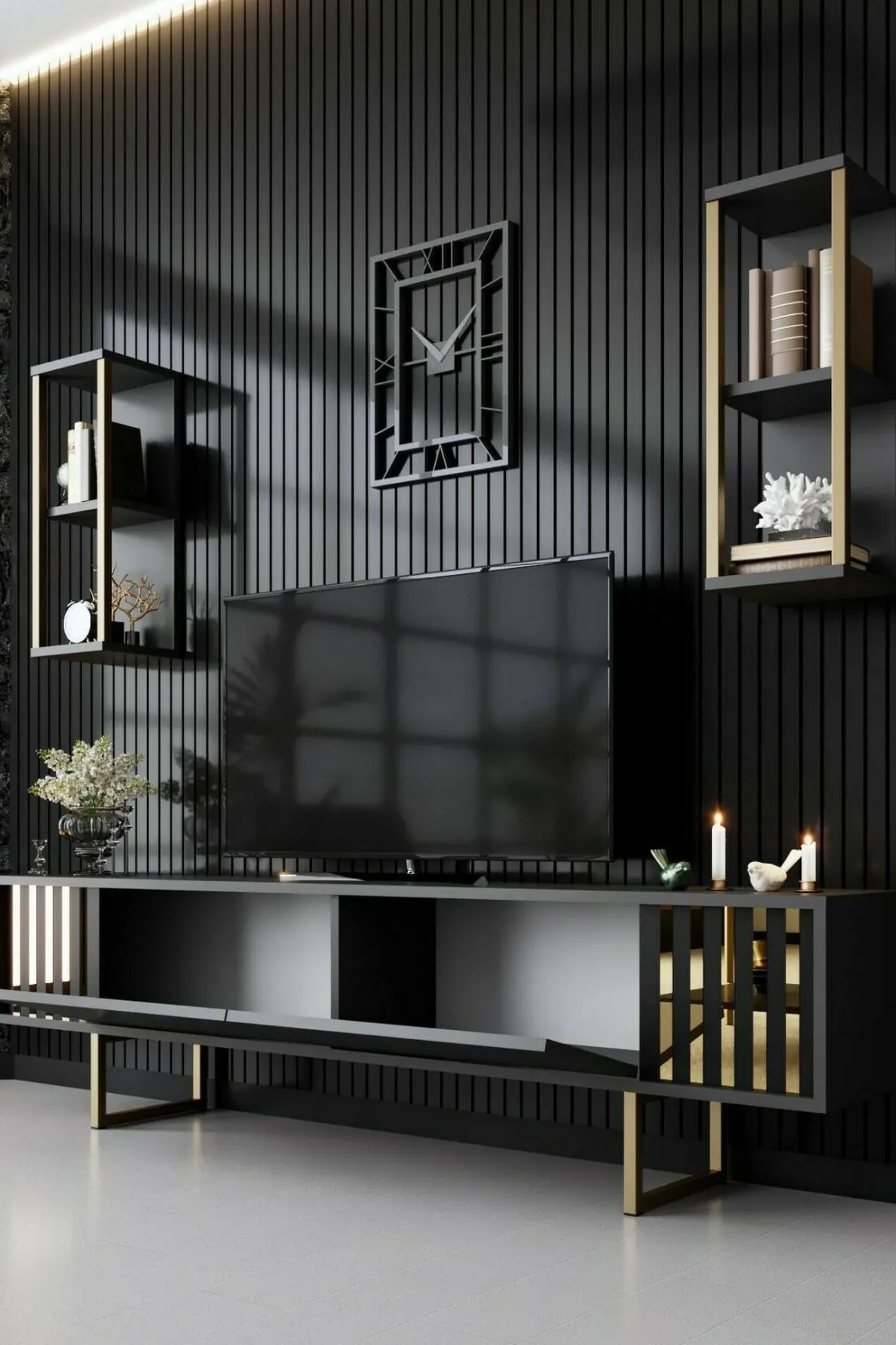 Porta TV antracite e oro 180x30x48h cm modulabile - Artinay