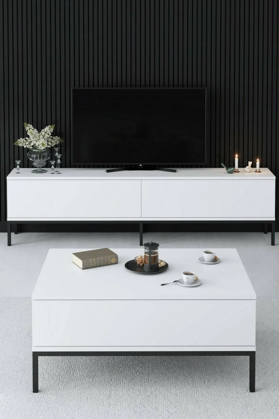 Porta TV bianco e nero 180x30x47h cm modulabile - Espero