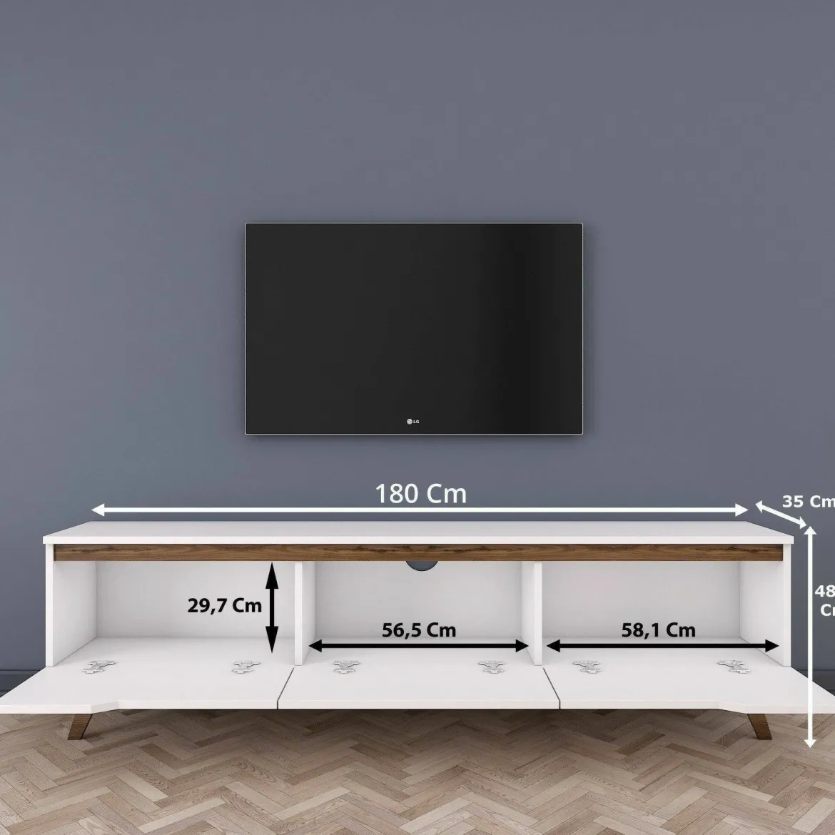 Porta TV bianco e noce 180x35x48h cm 3 ante - Apatite