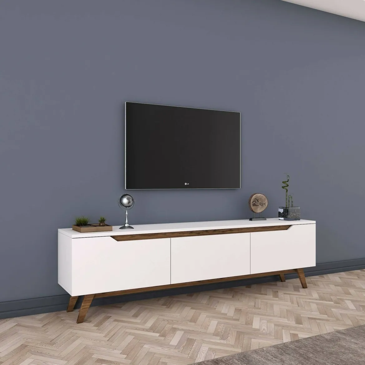 Porta TV bianco e noce 180x35x48h cm 3 ante - Apatite