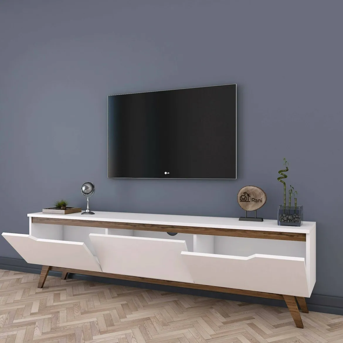 Porta TV bianco e noce 180x35x48h cm 3 ante - Apatite