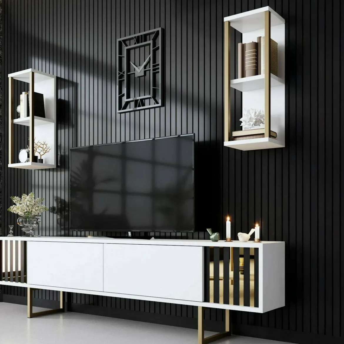 Porta TV bianco e oro 180x30x48h cm modulabile - Artinay