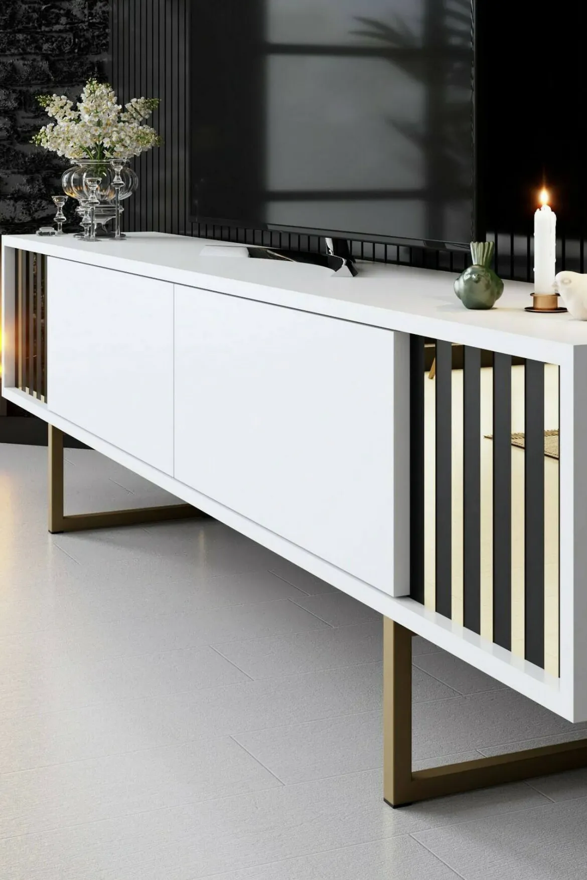 Porta TV bianco e oro 180x30x48h cm modulabile - Artinay