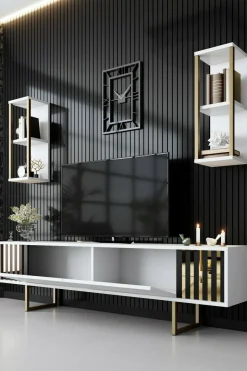 Porta TV bianco e oro 180x30x48h cm modulabile - Artinay