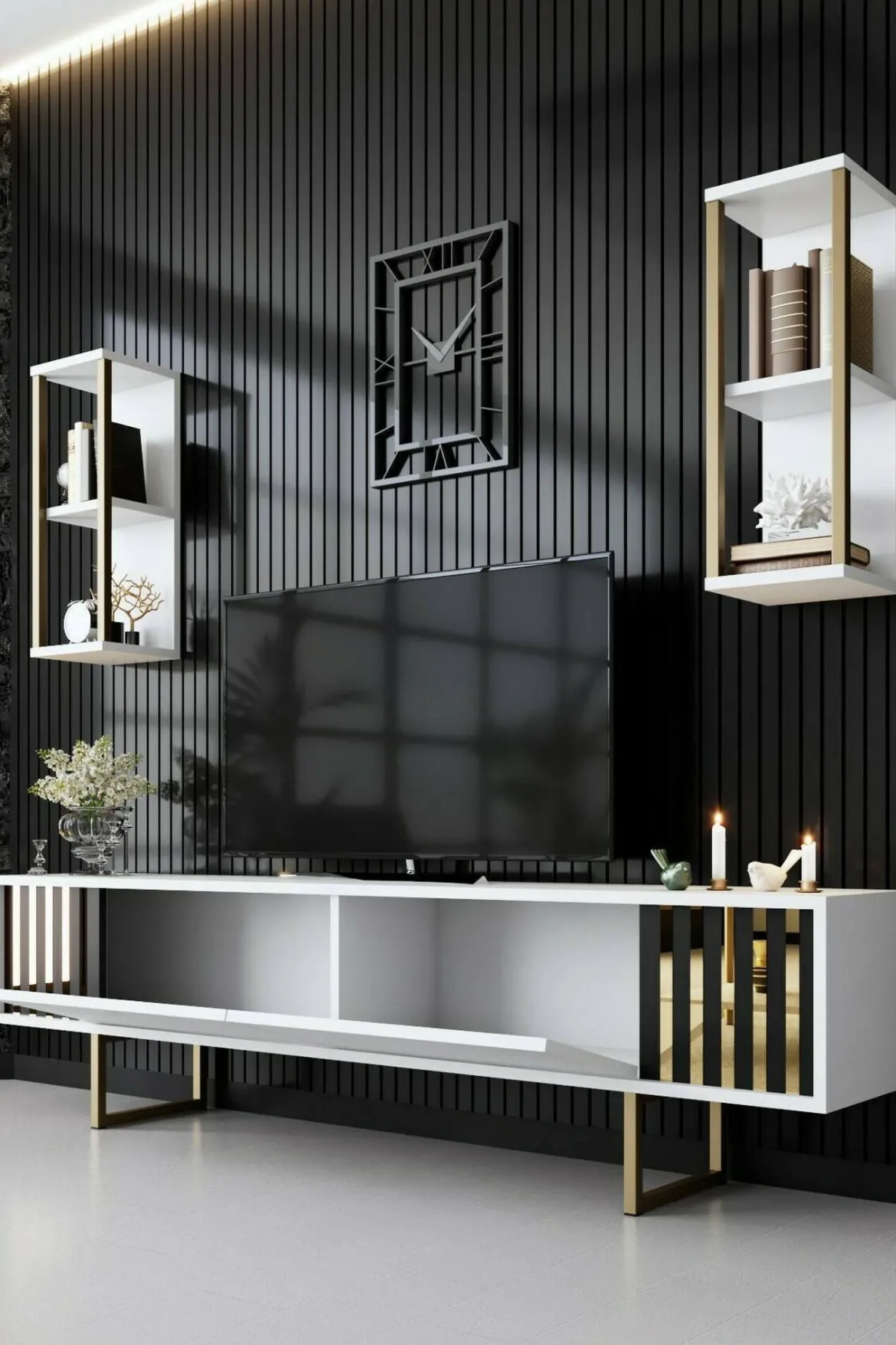 Porta TV bianco e oro 180x30x48h cm modulabile - Artinay