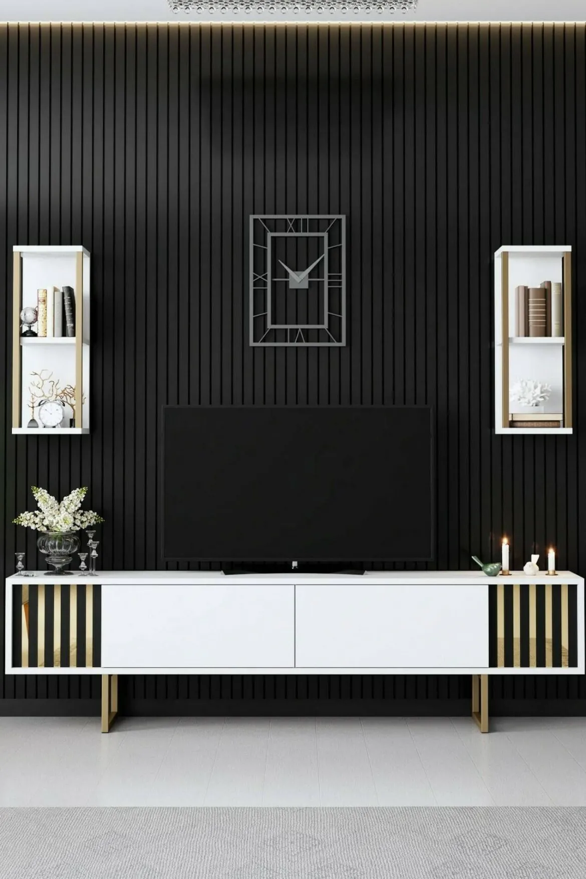 Porta TV bianco e oro 180x30x48h cm modulabile - Artinay