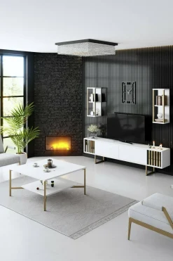 Porta TV bianco e oro 180x30x48h cm modulabile - Artinay