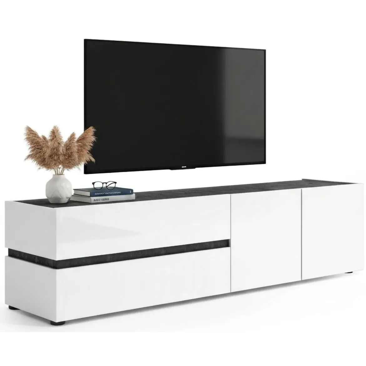Porta TV bianco lucido e antracite 180x47x42h cm 2 ante e 2 cassetti - Basico