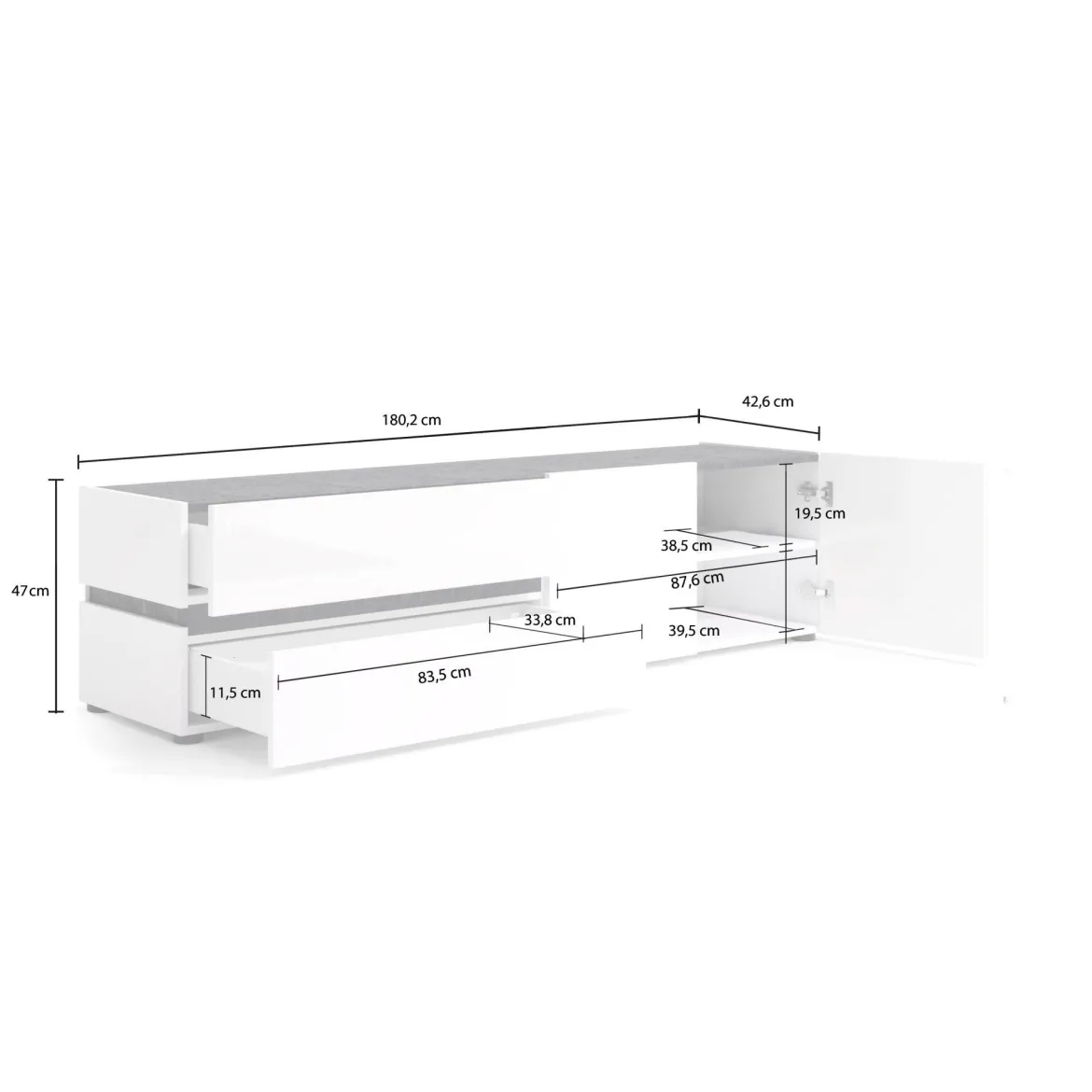 Porta TV bianco lucido e antracite 180x47x42h cm 2 ante e 2 cassetti - Basico