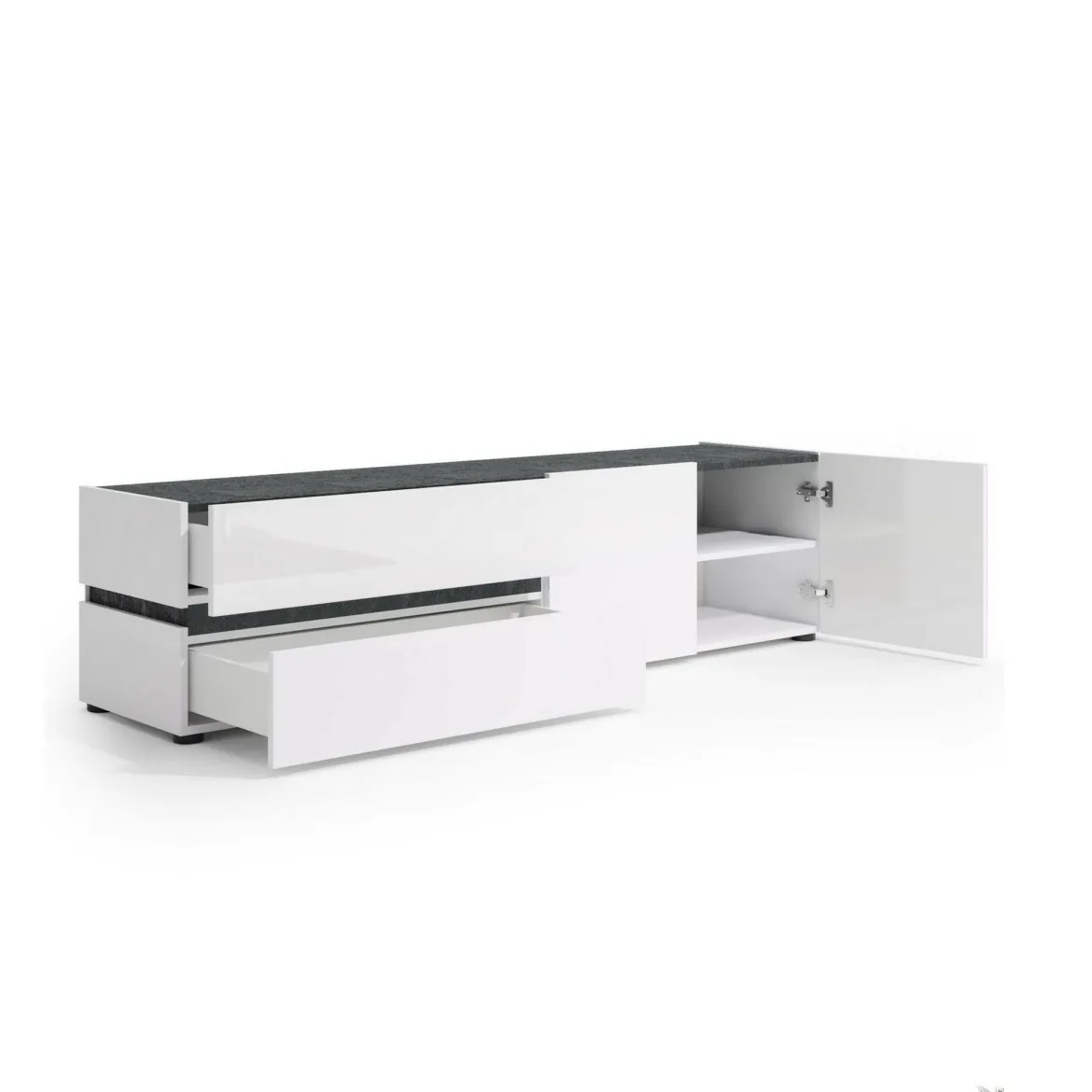 Porta TV bianco lucido e antracite 180x47x42h cm 2 ante e 2 cassetti - Basico