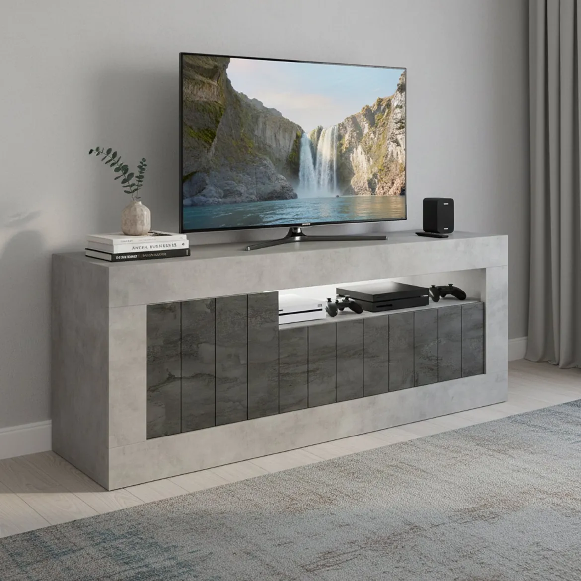 Porta TV cemento e ardesia 138x42x56h cm 3 ante - Iole