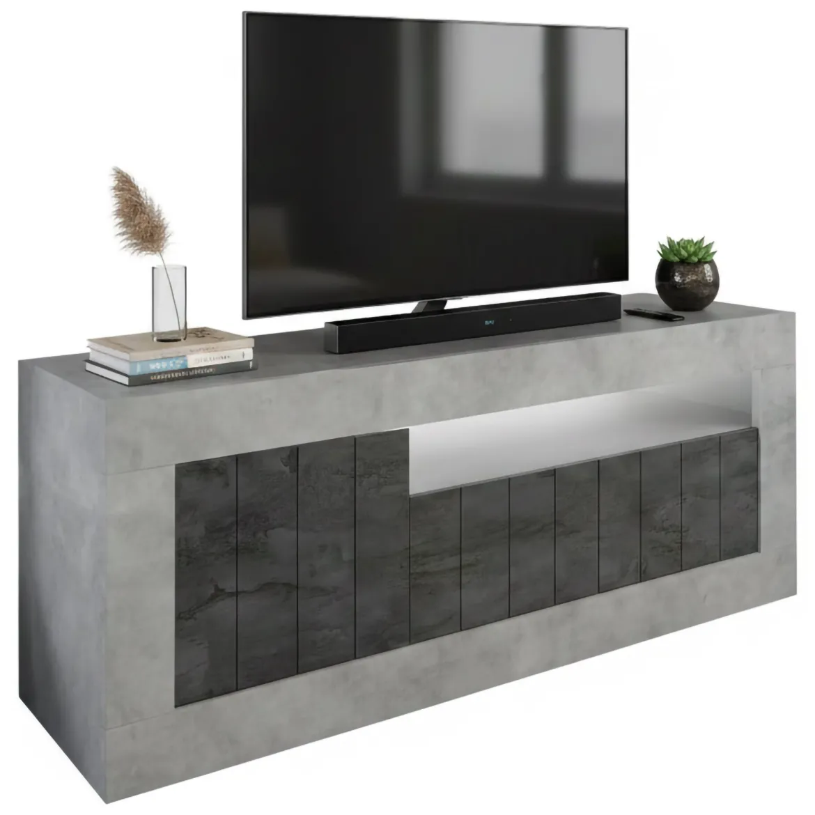 Porta TV cemento e ardesia 138x42x56h cm 3 ante - Iole