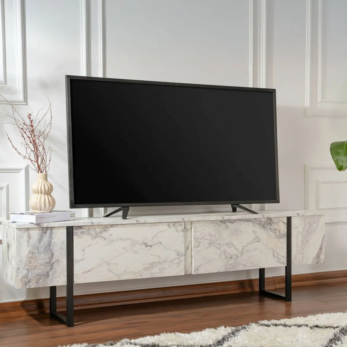 Porta TV marmo e nero 180x29x50h cm 2 ante - Lilith