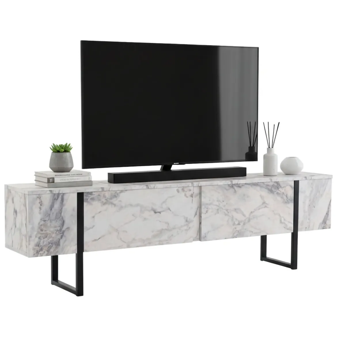 Porta TV marmo e nero 180x29x50h cm 2 ante - Lilith