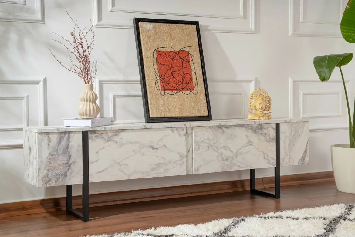 Porta TV marmo e nero 180x29x50h cm 2 ante - Lilith