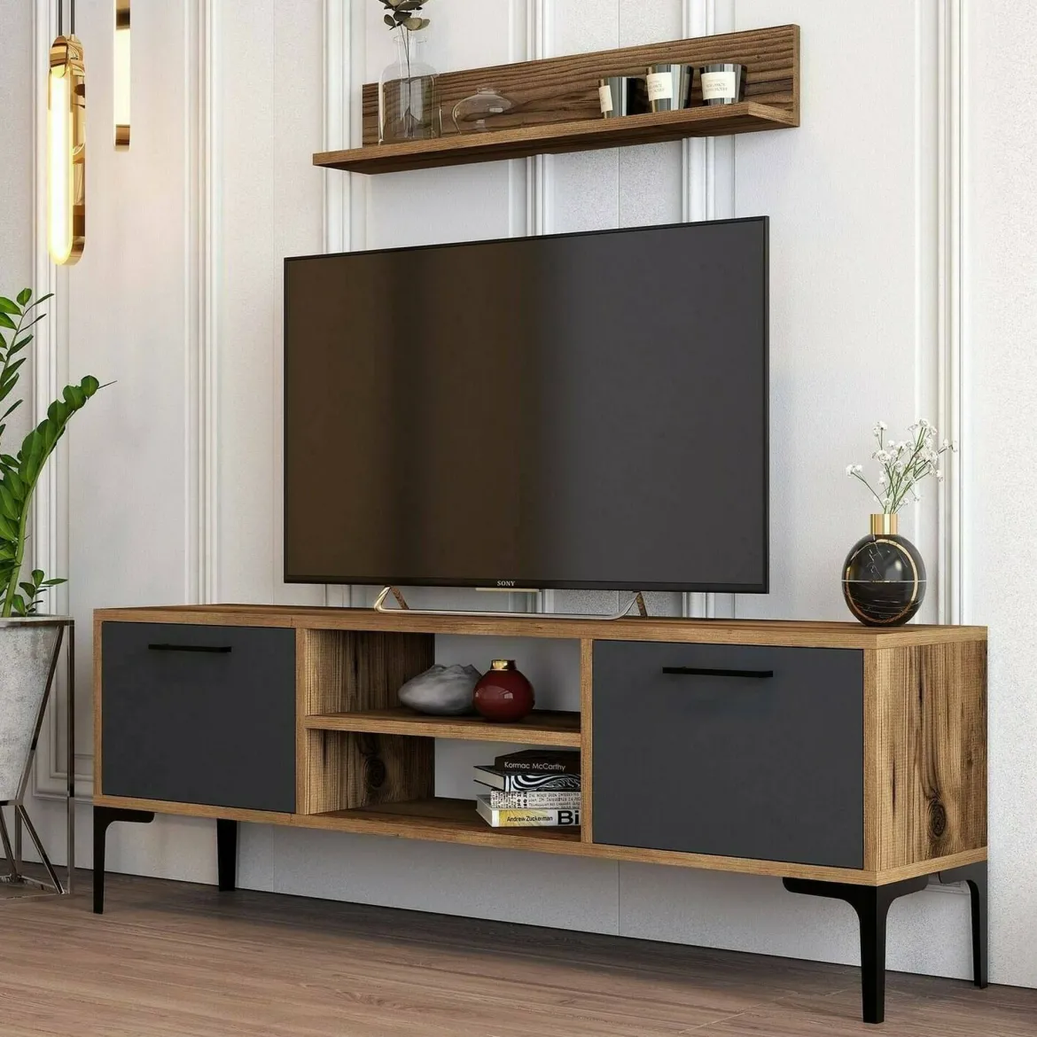 Porta TV noce e antracite 140x30x48h cm modulabile - sri