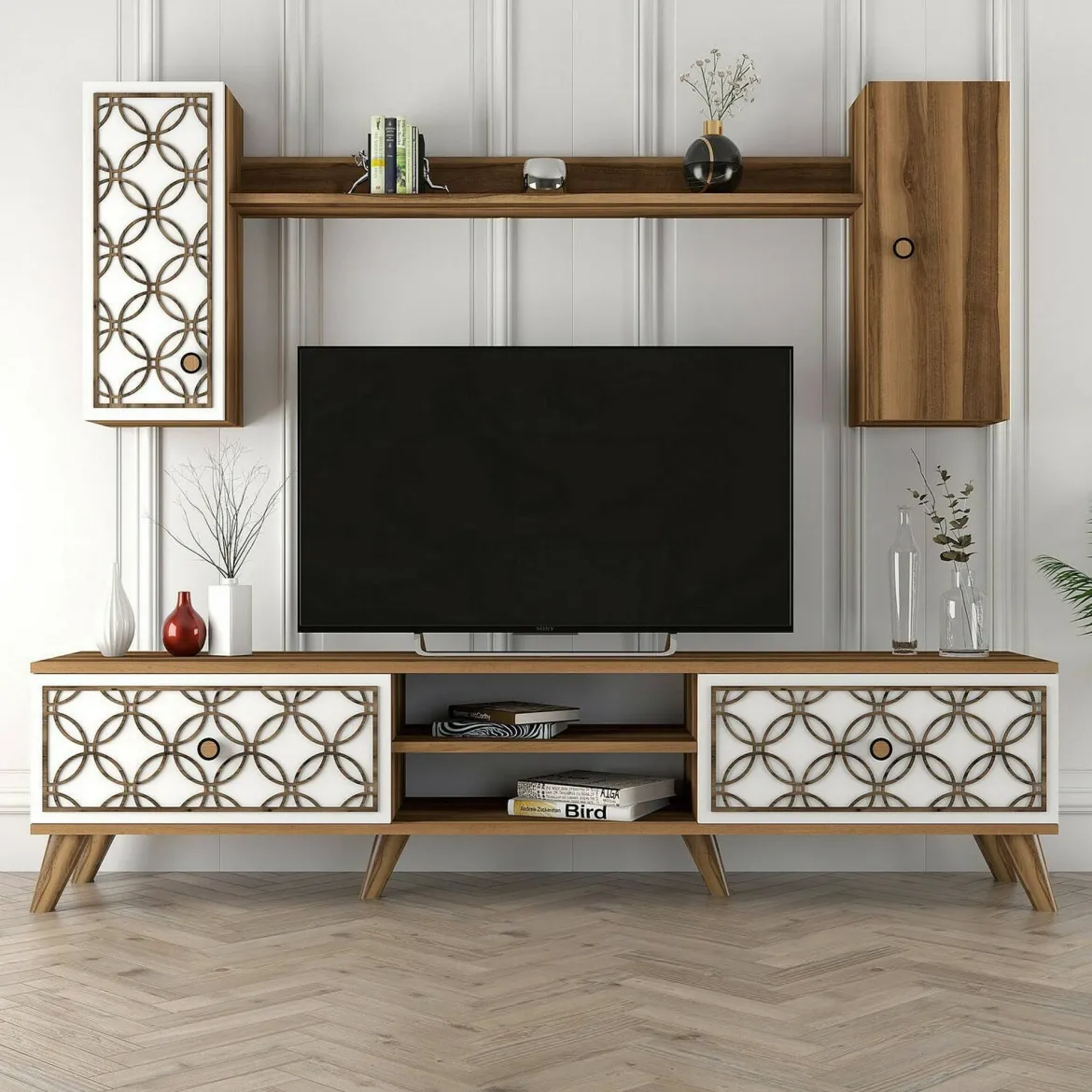 Porta TV noce e bianco 180x35x44h cm 4 ante - Nunzia