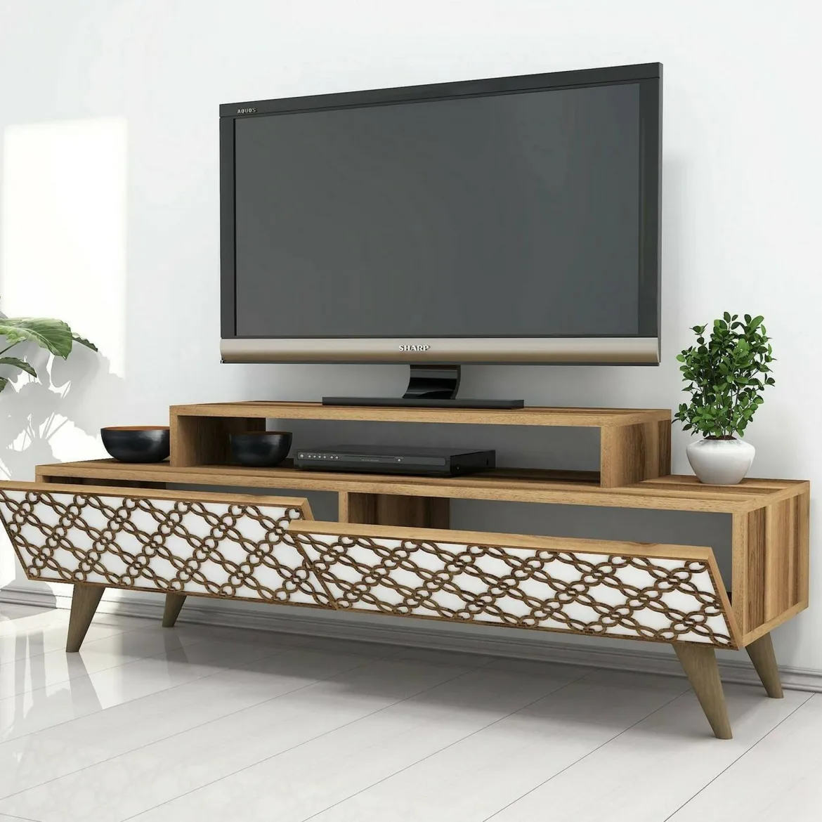 Porta TV noce e bianco 140x41x48h cm modulabile - Arnara