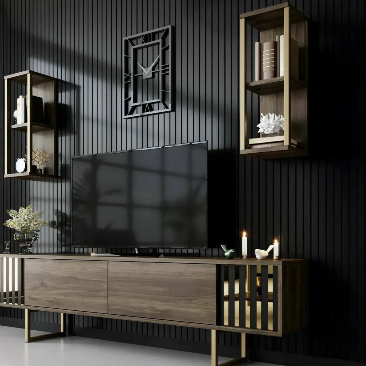 Porta TV noce e nero 180x30x48h cm modulabile - Artinay