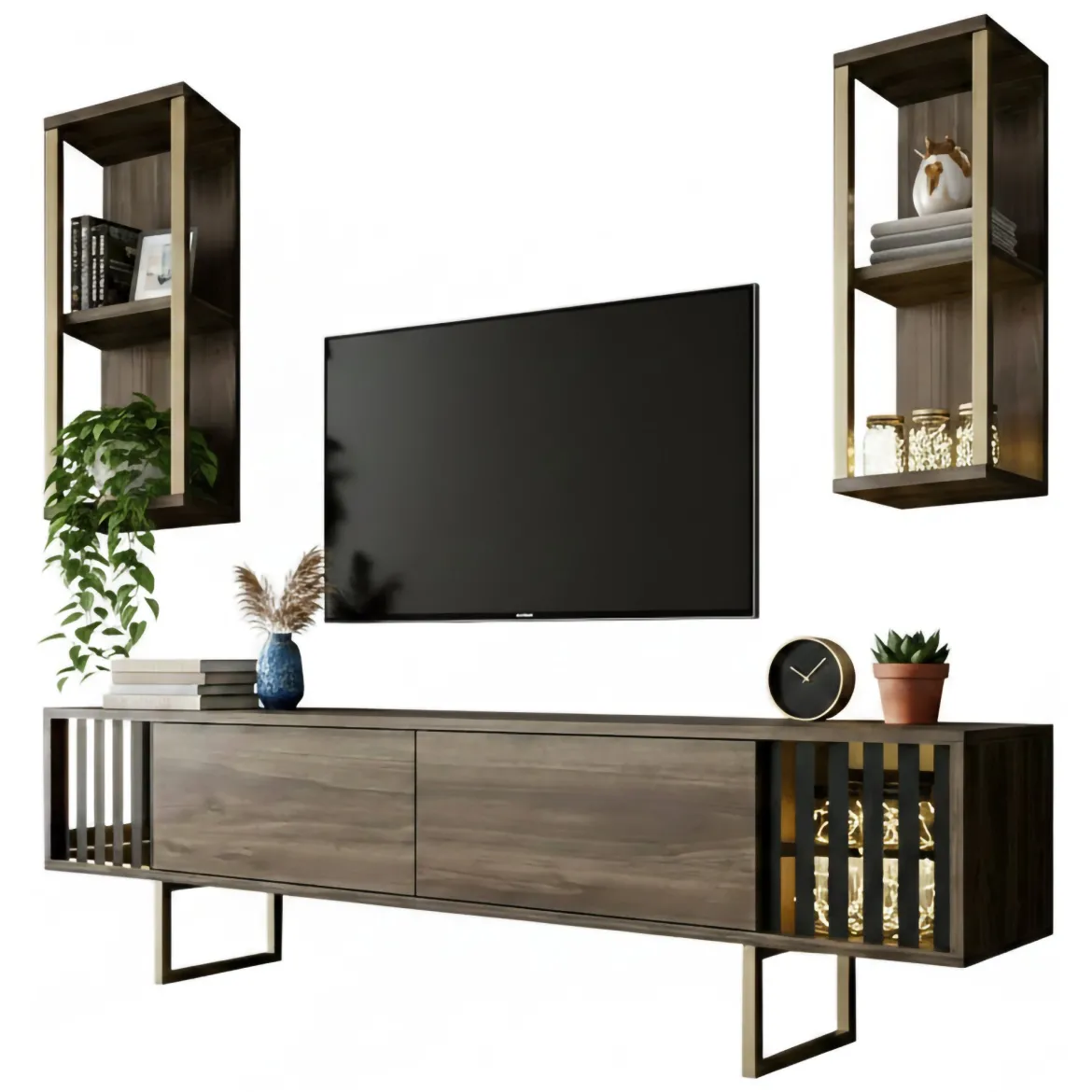 Porta TV noce e nero 180x30x48h cm modulabile - Artinay