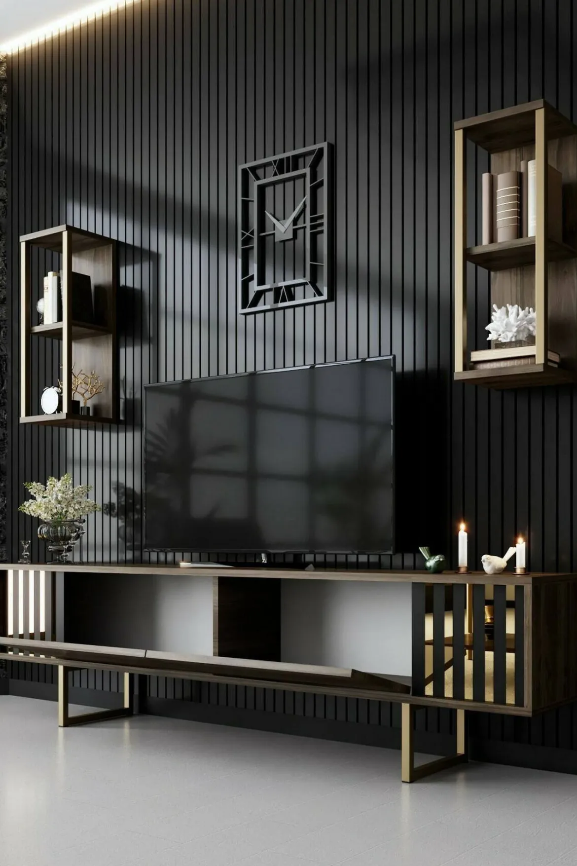 Porta TV noce e nero 180x30x48h cm modulabile - Artinay