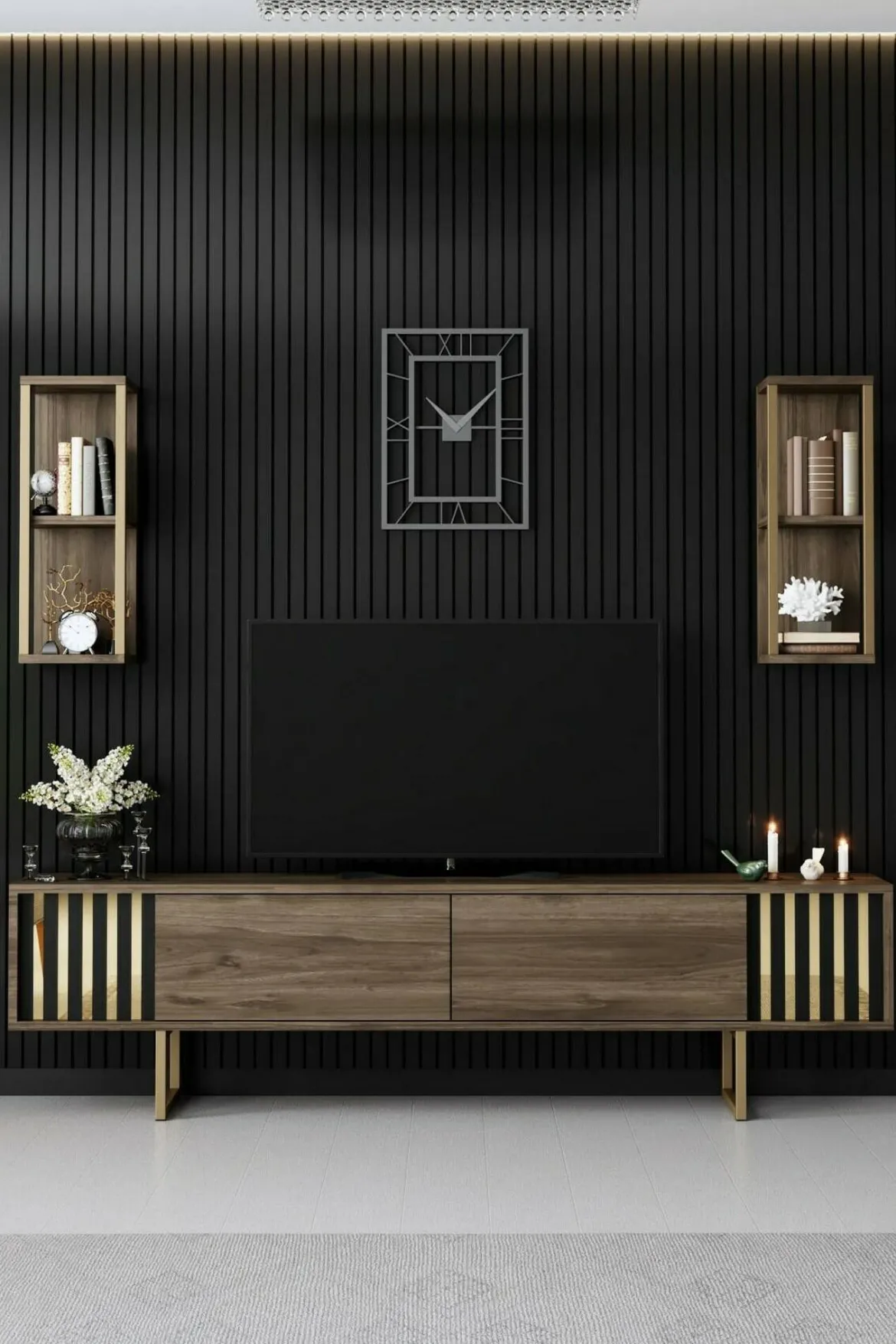 Porta TV noce e nero 180x30x48h cm modulabile - Artinay