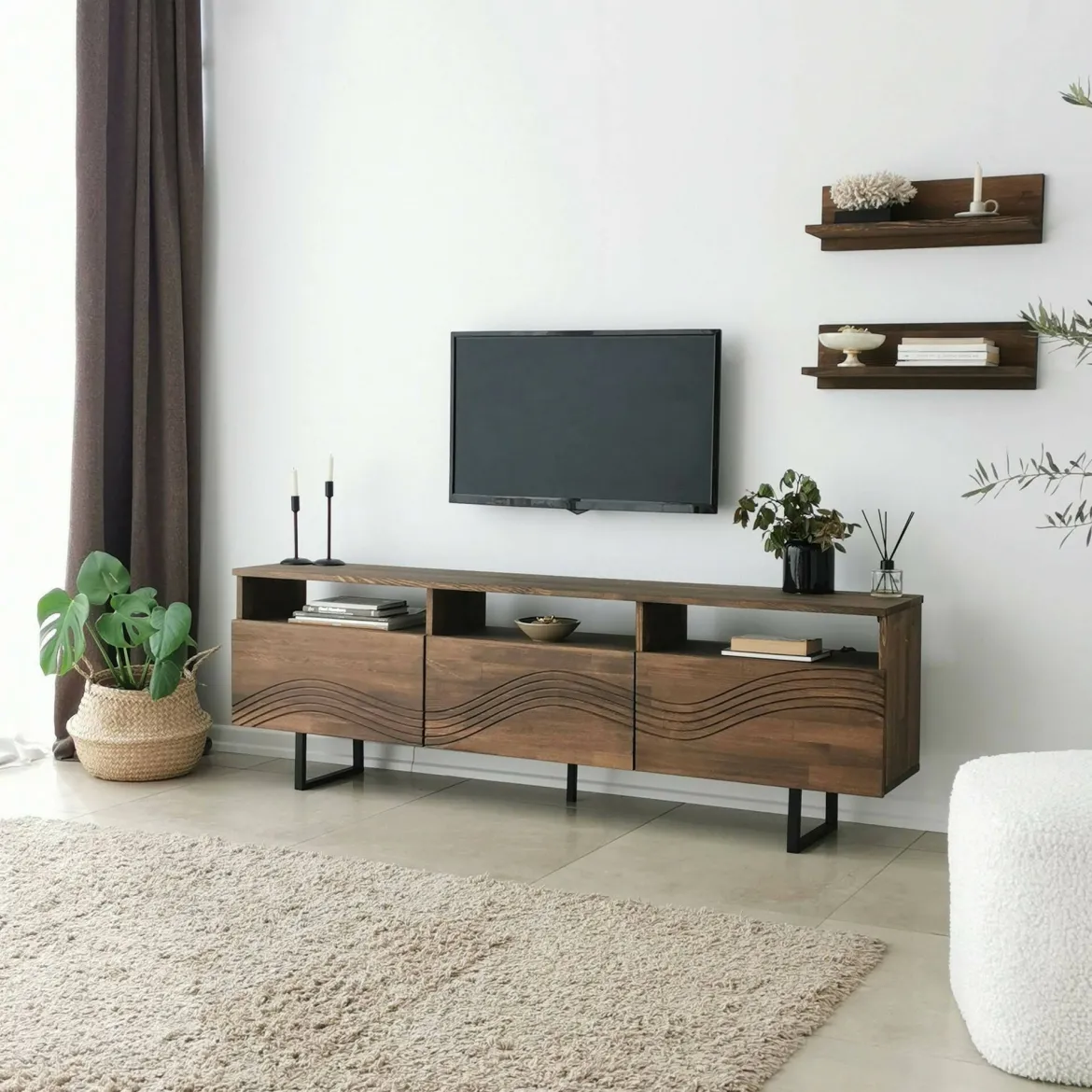 Porta TV noce 170x30x40h cm 3 ante legno massello - Ulana
